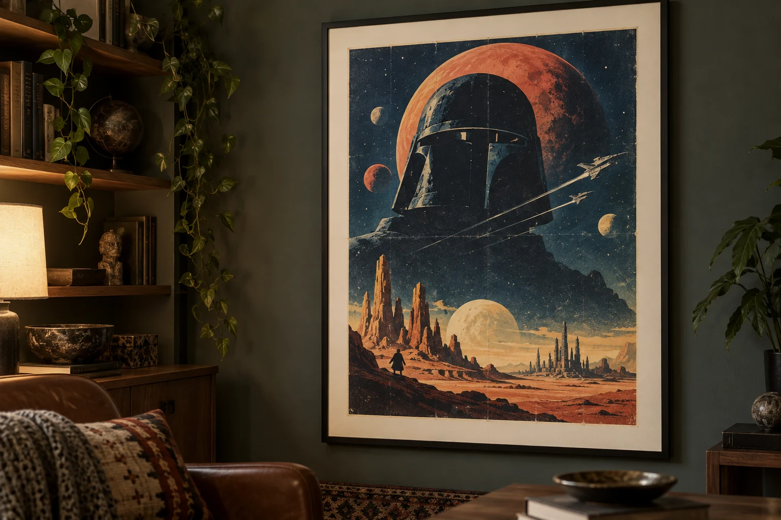 Affiche de science-fiction au graphisme rétro présentée dans un cadre noir avec un passe-partout ivoire