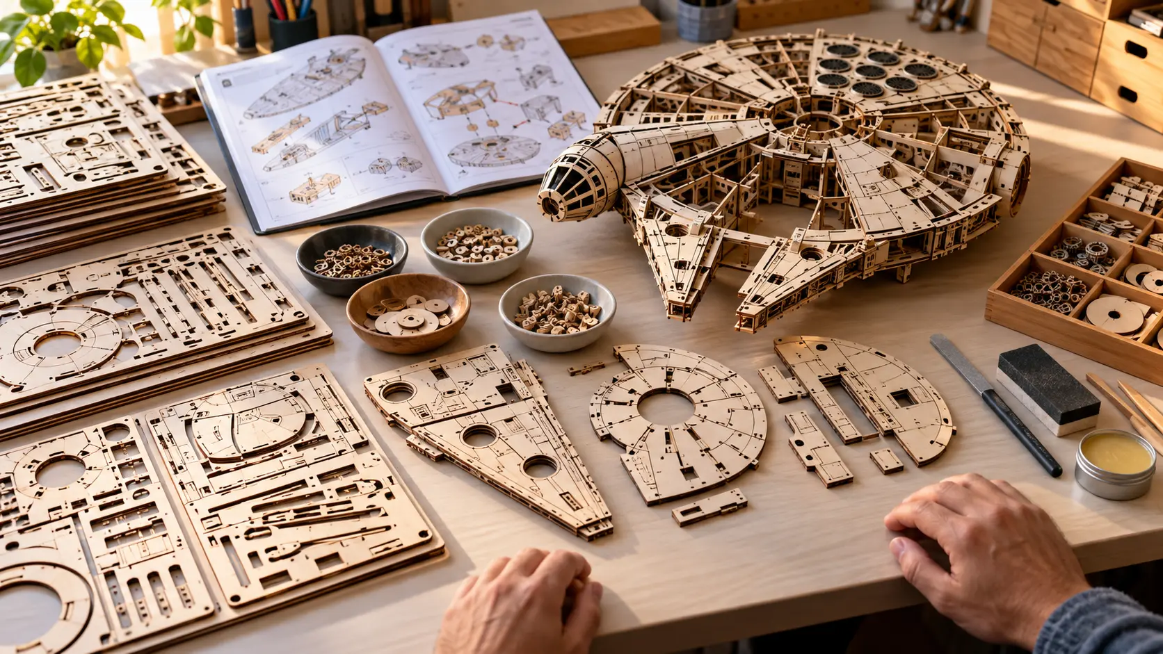 Poste de montage organisé pour un puzzle 3D du Faucon Millenium en bois