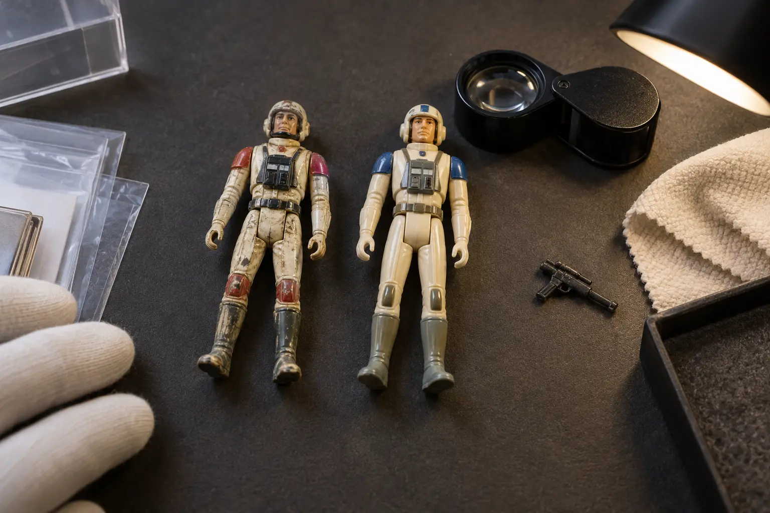Deux figurines rétro examinées sur une table avec une loupe et un petit accessoire