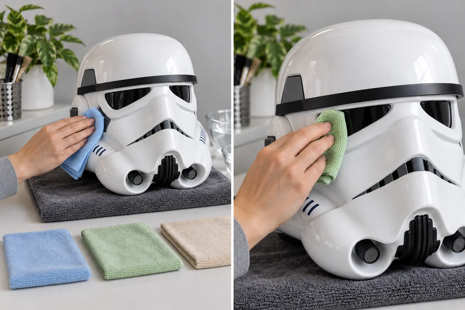 Deux étapes de nettoyage d’un casque Stormtrooper avec une microfibre distincte pour la coque et les lentilles