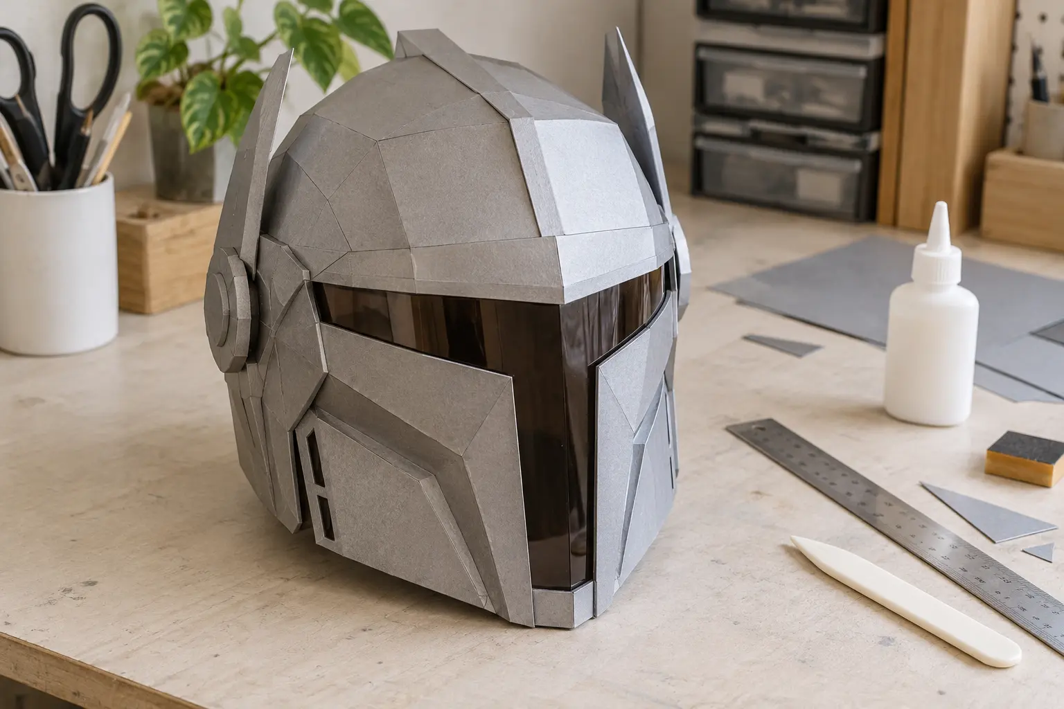 Casque facetté argenté en papier cartonné posé avec une règle et un plioir sur un établi.