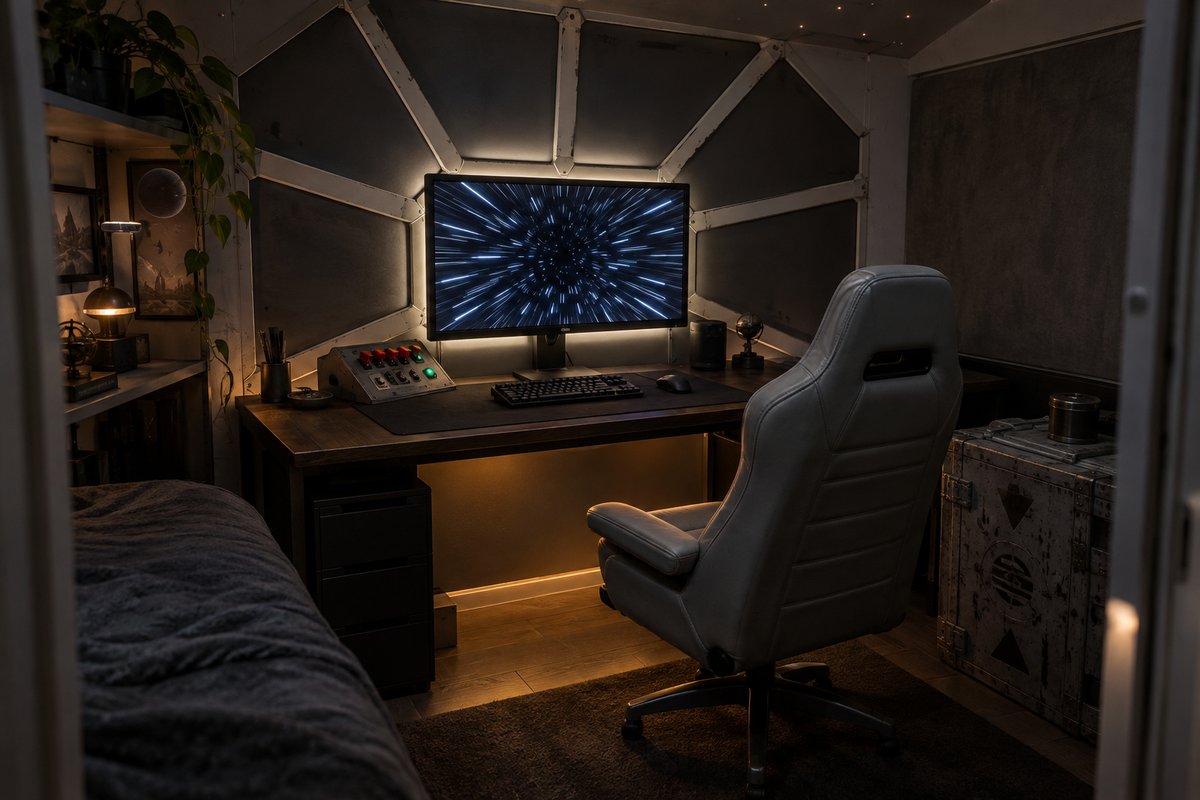 Coin gaming aménagé en cockpit de vaisseau avec armature rayonnante autour de l'écran