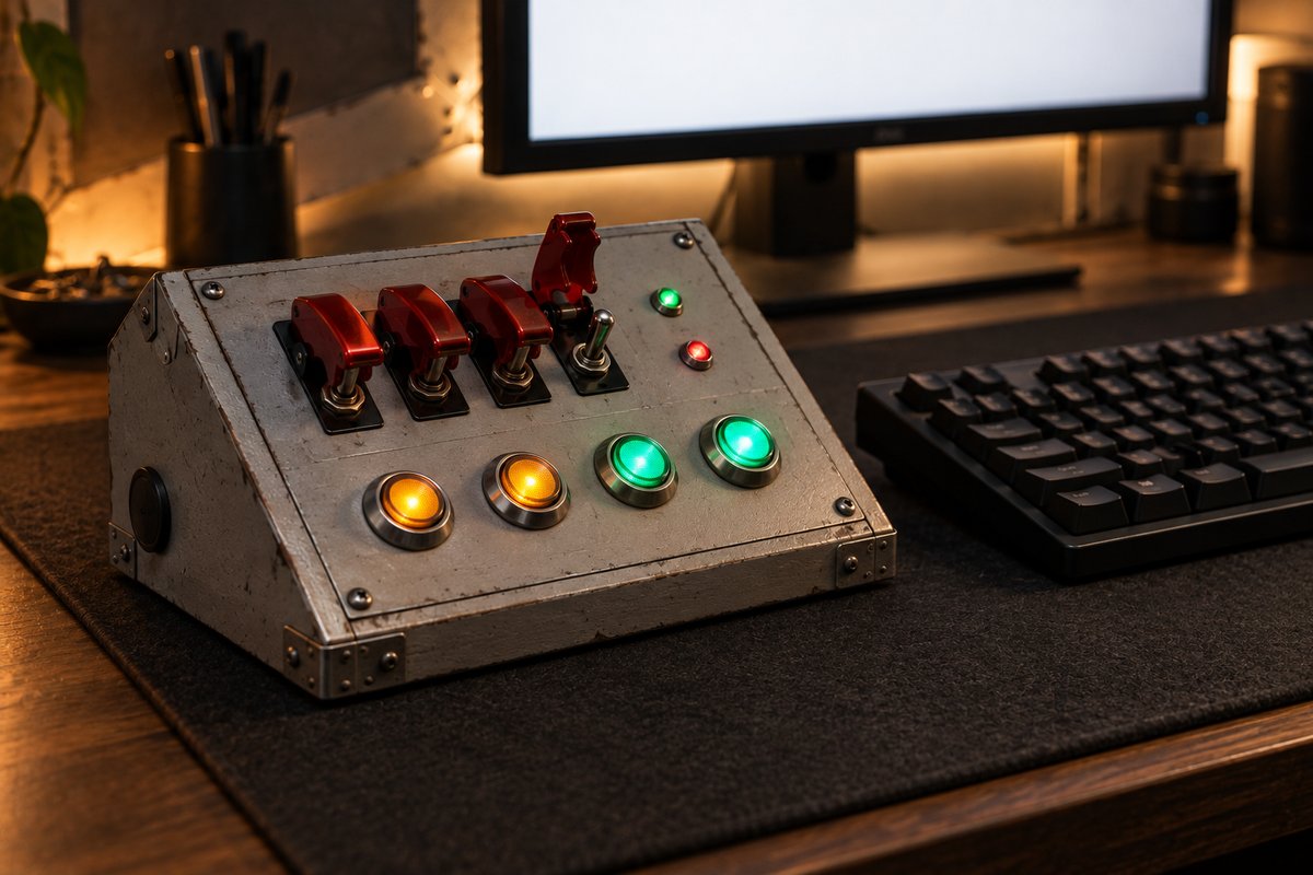 Boîtier d'interrupteurs à levier avec capots rouges à côté d'un clavier