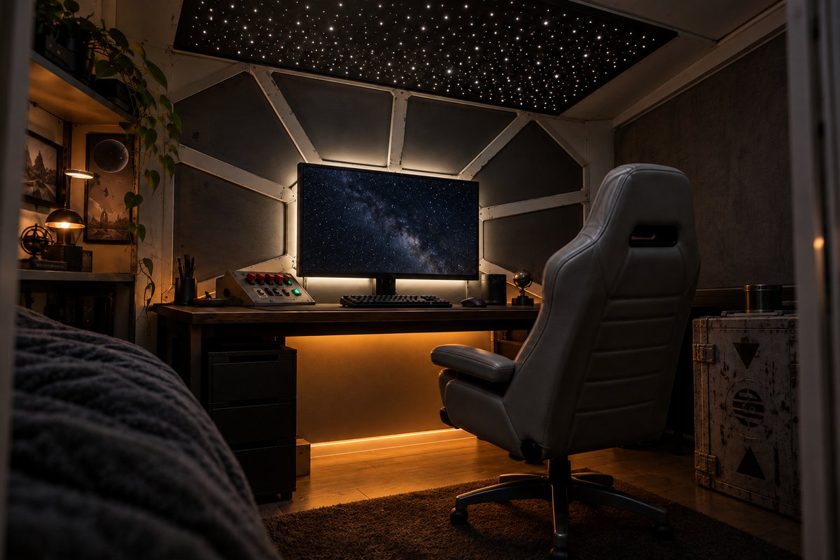 Plafond étoilé en fibre optique au-dessus d'un bureau gaming éclairé en ambre