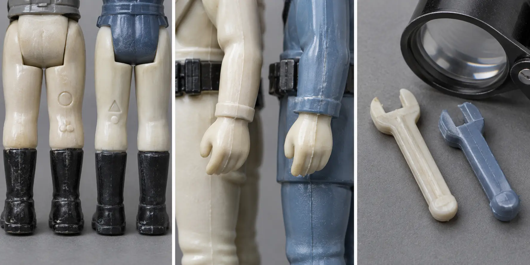 Gros plans comparatifs de marquages moulés, de mains et de petits accessoires en plastique