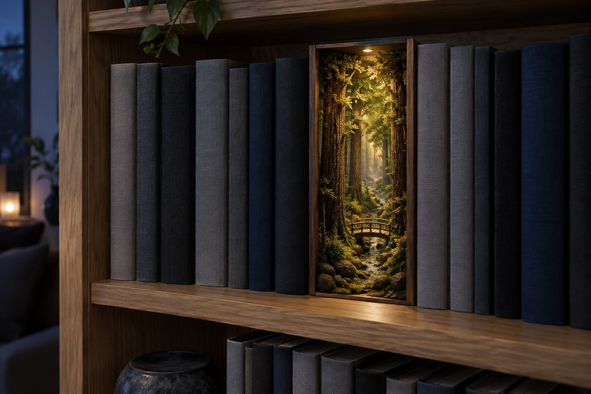 Book nook forestier lumineux inséré entre des romans sur une étagère en chêne