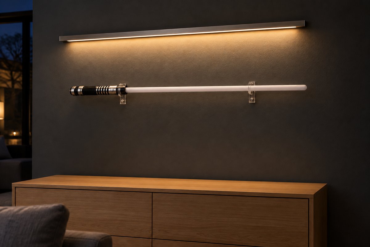 Sabre laser accroché au mur sur supports acryliques, éclairé par un ruban LED rasant chaud