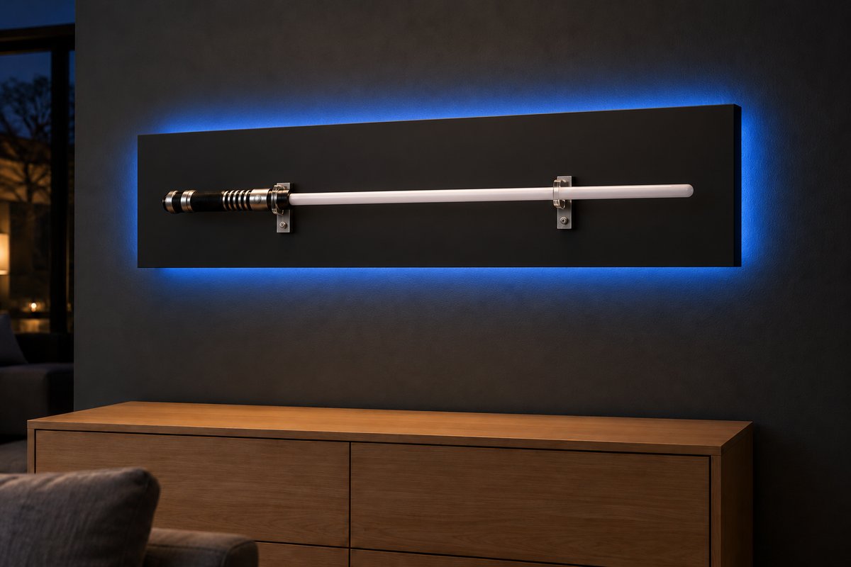Sabre laser sur panneau noir rétroéclairé, halo bleu modéré sur mur gris