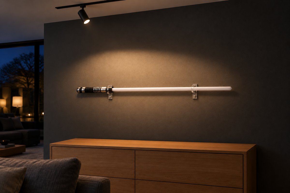 Spot sur rail incliné vers un sabre laser mural, tache lumineuse sur la lame