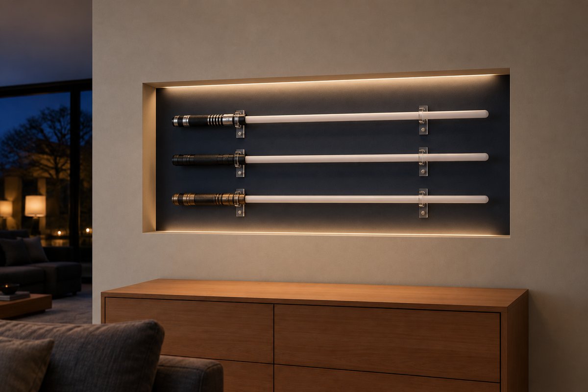 Niche murale bleu nuit éclairée par LED avec trois sabres laser superposés
