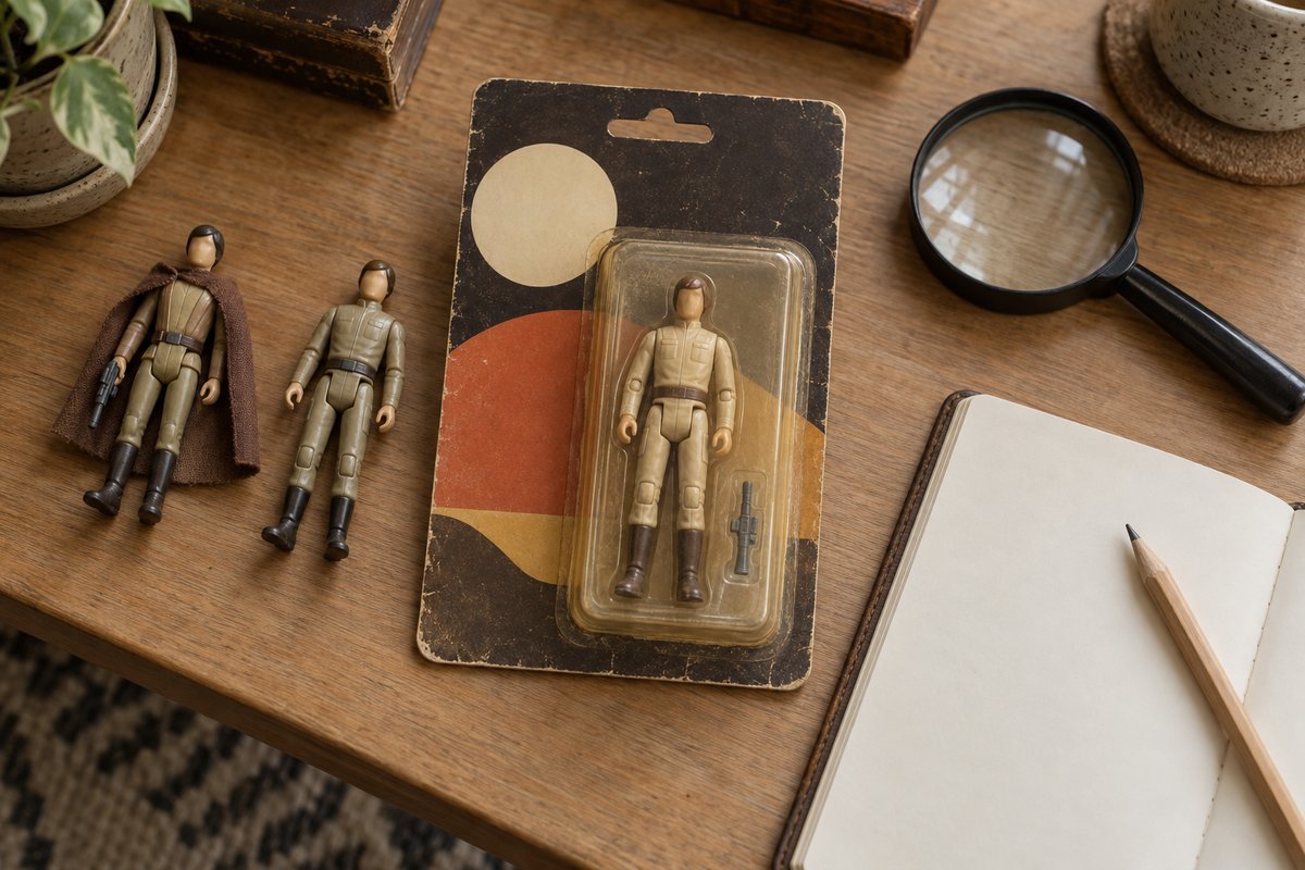 Figurine rétro sur carte blister jaunie examinée à la loupe sur un bureau en bois