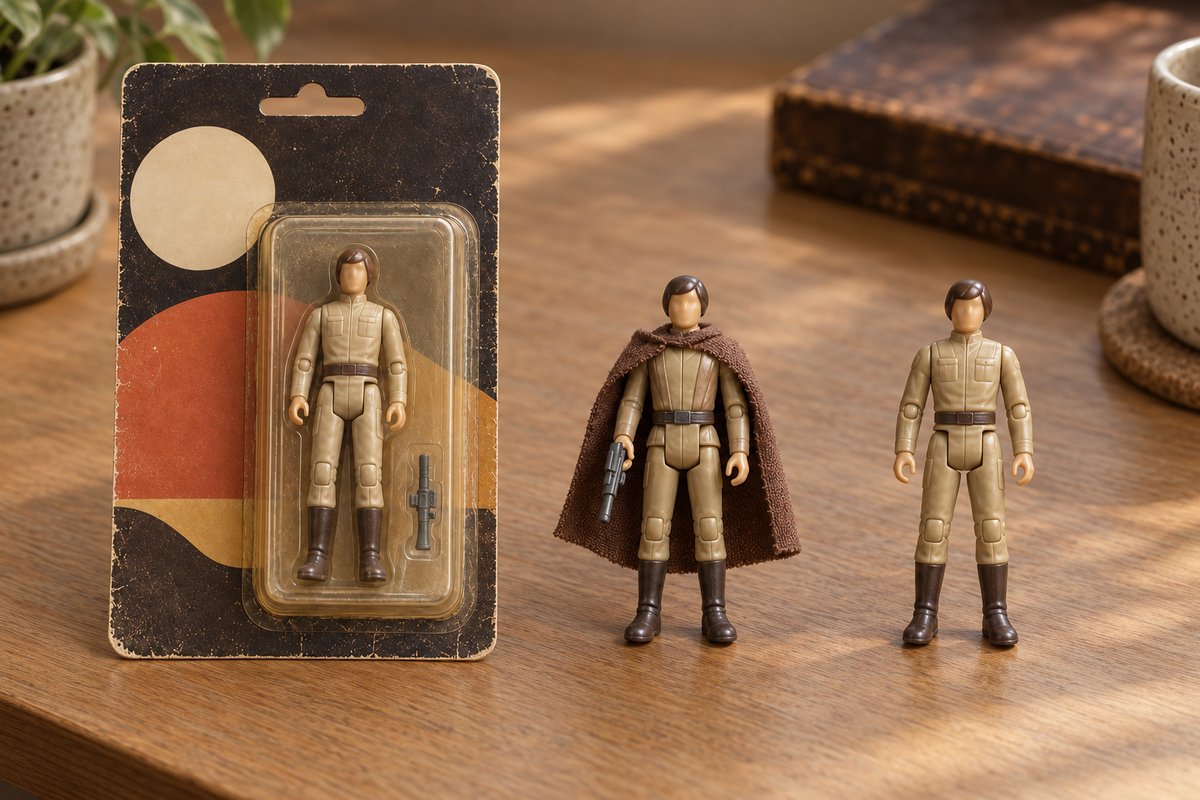 Trois états d'une figurine rétro : sur carte, complète avec accessoires, sans accessoire