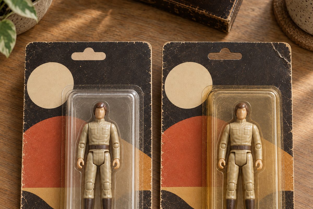 Deux cartes de figurine comparées : bulle claire non perforée et bulle jaunie perforée
