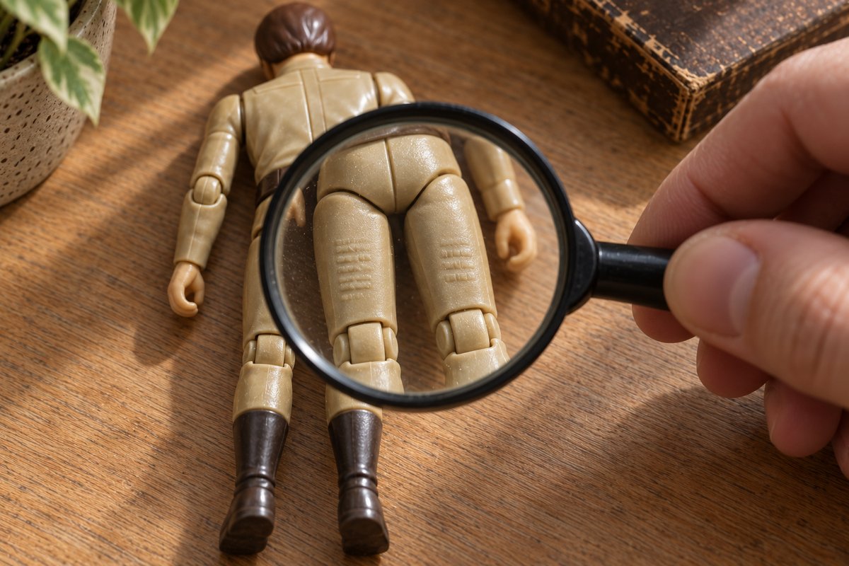 Gros plan à la loupe sur le marquage moulé au dos des jambes d'une figurine