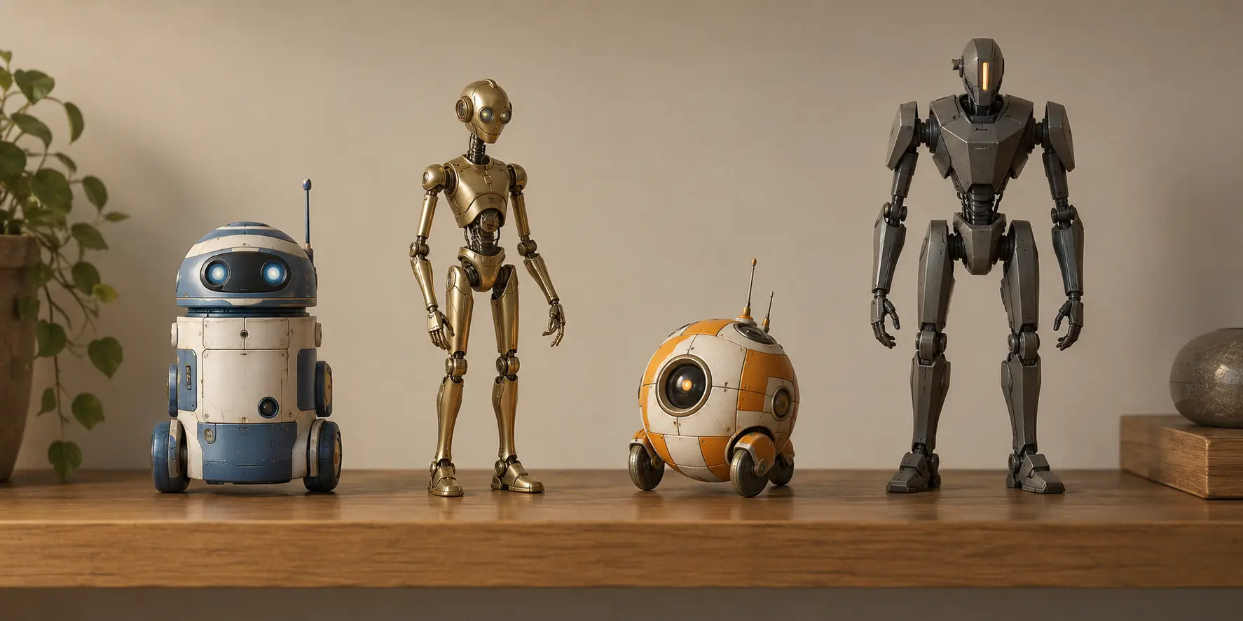 Quatre robots miniatures originaux aux silhouettes cylindrique, humanoïde, sphérique et anguleuse exposés sur une étagère
