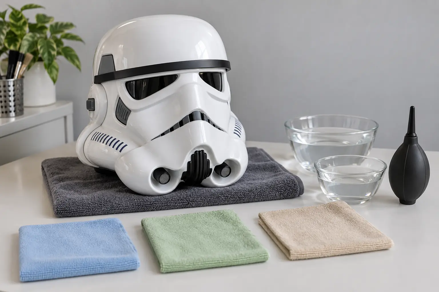 Casque Stormtrooper posé sur une serviette avec trois microfibres, deux bols d’eau et une poire soufflante