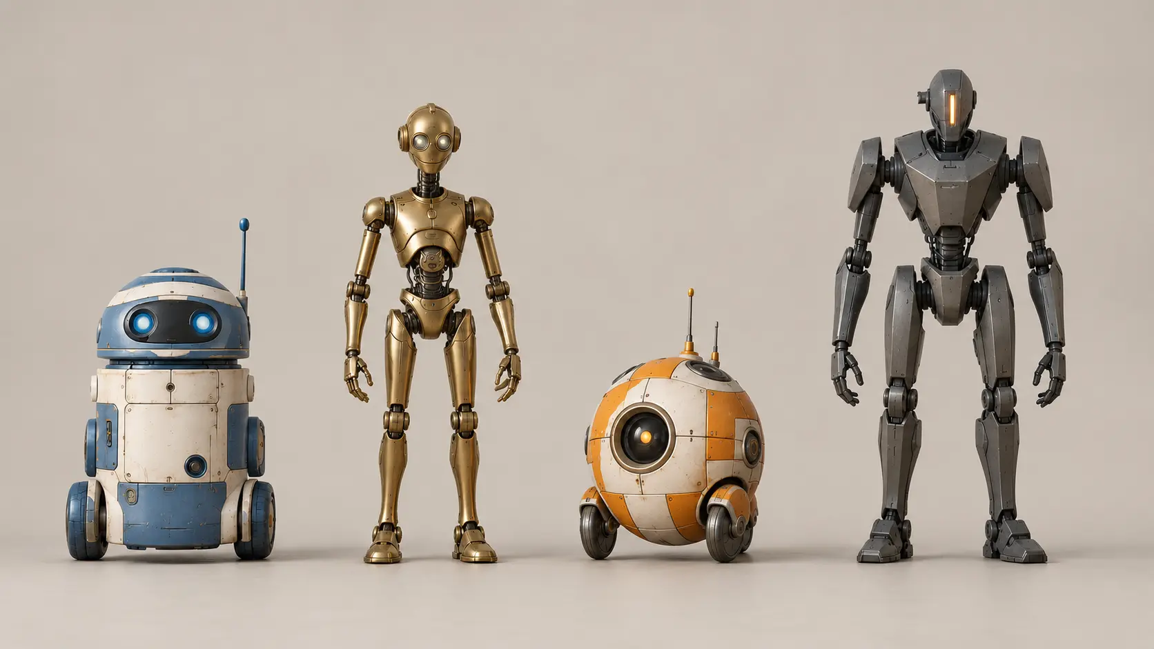Comparaison de quatre robots miniatures aux silhouettes cylindrique, humanoïde, sphérique et anguleuse
