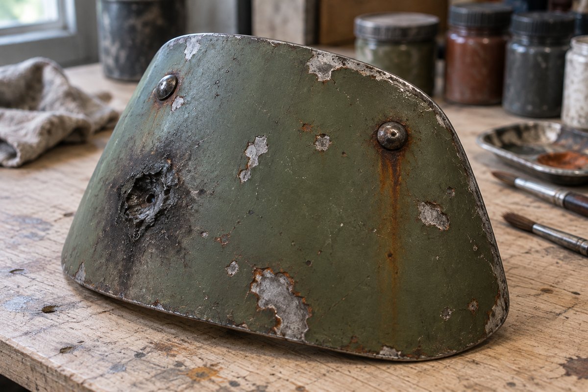 Épaulière d'armure vert olive patinée avec éclats, arêtes argentées et brûlure