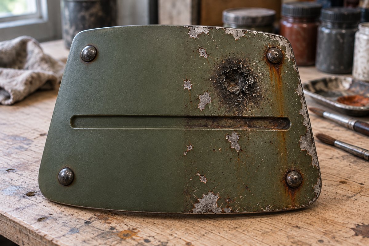 Plaque d'armure verte moitié neuve, moitié patinée avec les cinq effets d'usure