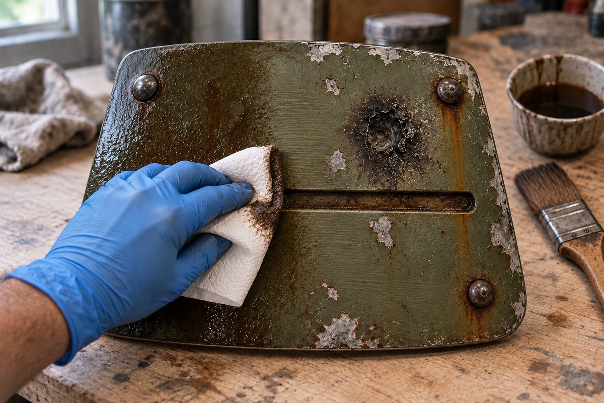Main gantée essuyant au papier un lavis brun sur une plaque d'armure verte