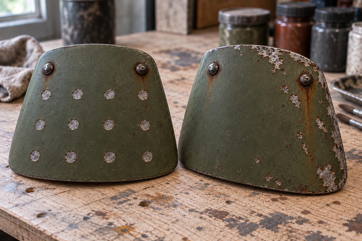 Deux épaulières vertes, éclats ronds réguliers à gauche, éclats irréguliers crédibles à droite