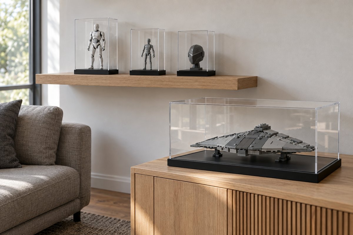 Figurines et maquette de vaisseau sous vitrines acryliques fermées sur socles noirs