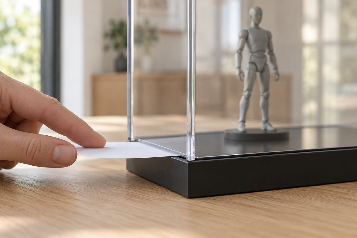 Feuille de papier glissée entre le couvercle acrylique et le socle d'une vitrine
