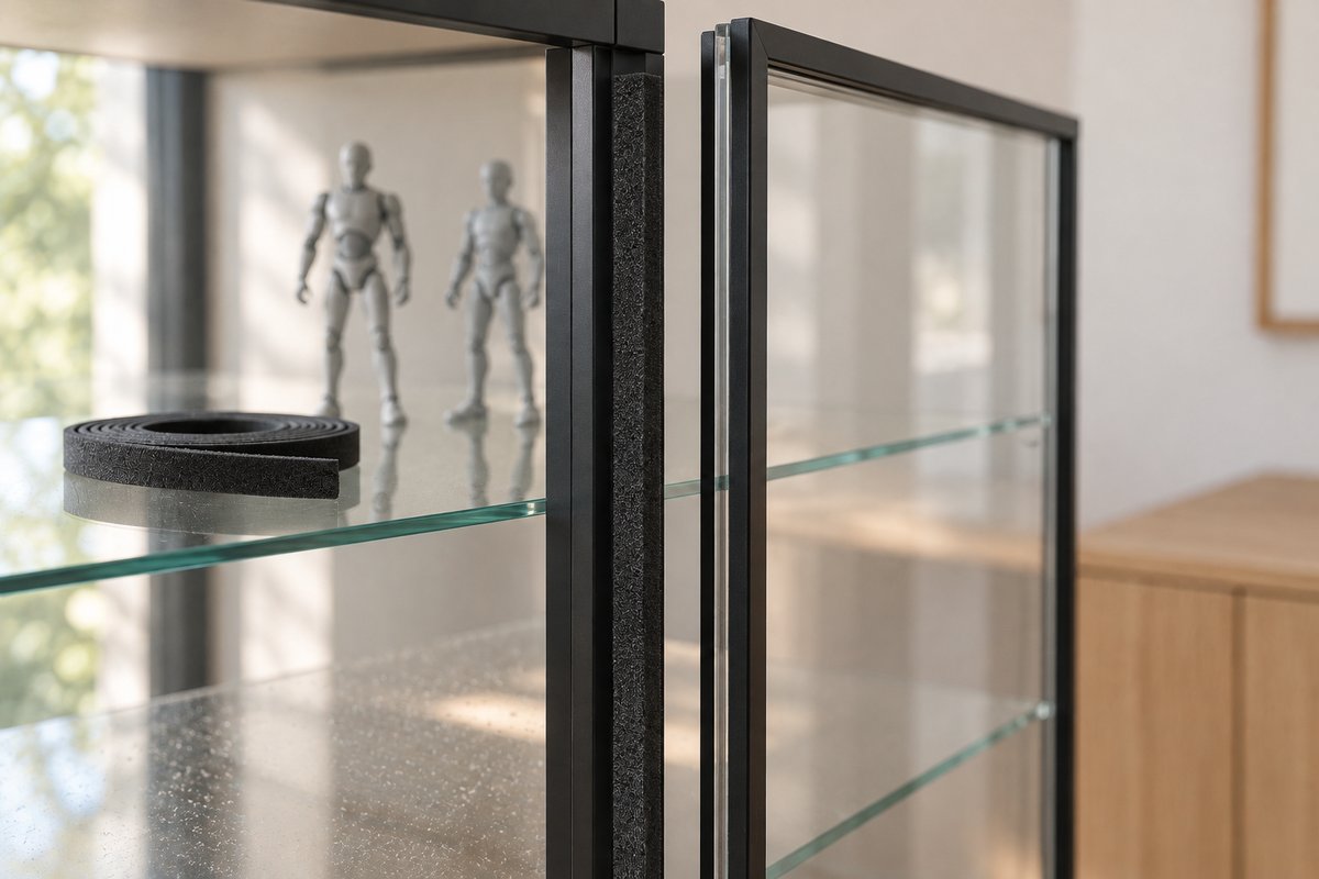 Joint mousse noir collé sur le cadre d'une porte de vitrine en verre